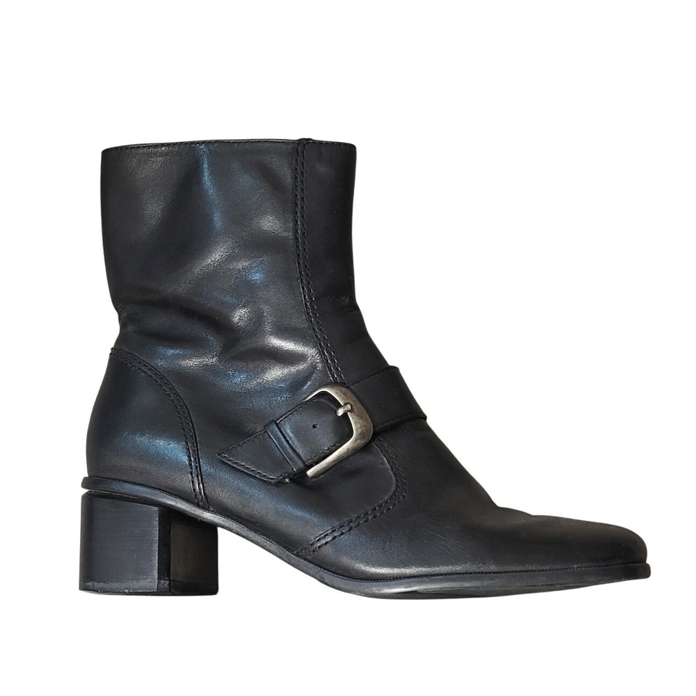 Bandolino Black Leather Square Toe Buckle Ankle Boots 6 Vintage Y2K Whimsigoth